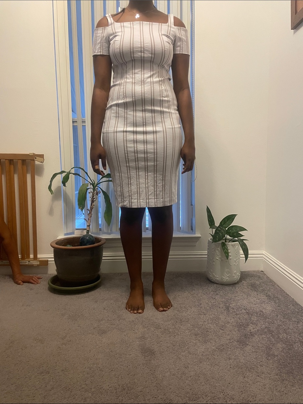 Calvin Klein Off-Shoulder Striped Midi Dress in Cream and Brown